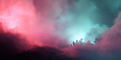Fototapeta premium Misty neon fog and smoke, glowing wavy abstract pattern, digital light waves, futuristic background design, vibrant glow backdrop