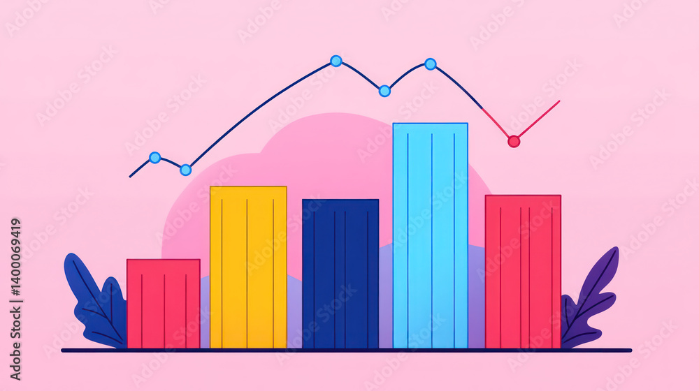 Poster colorful bar graph with line chart overlay on pink background, illustrating data trends and analysis