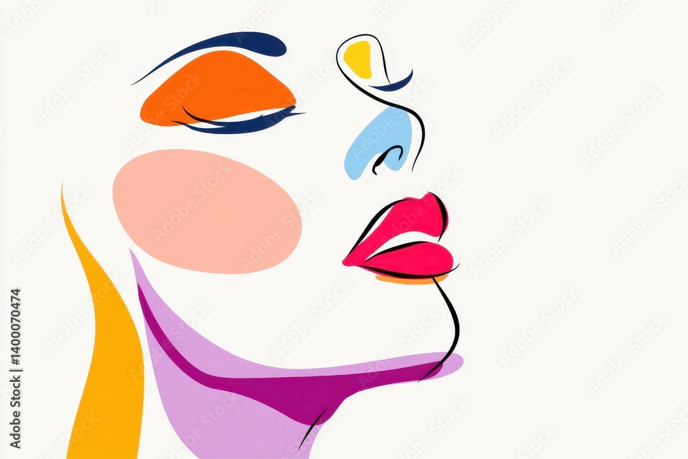 Poster colorful abstract female side profile with dynamic face segmentation and bold red lipstick in vector