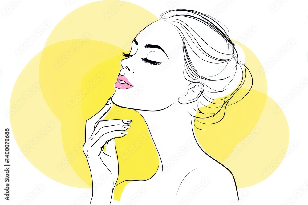 Poster minimal vector art of a woman in side profile with bright background and relaxed elegant pose in flu