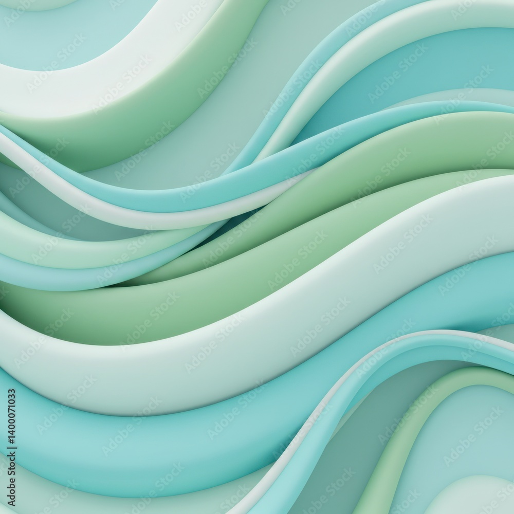 Poster abstract pastel green and blue wave background design: smooth curving lines in a 3d rendering