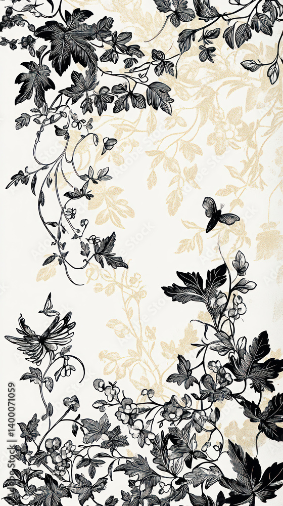 Poster elegant floral pattern featuring intricate black vines and butterflies on light background, creating