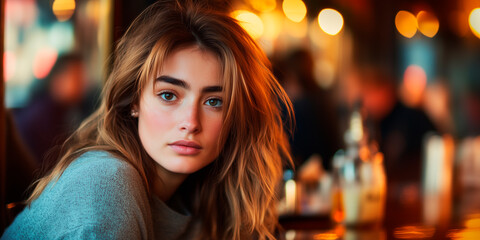 Close-up portrait of a young woman with long hair and brown eyes, sitting in a bar, looking at camera
