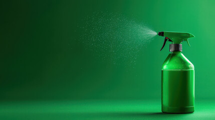 A green plastic spray bottle mists a fine refreshing spray against a vibrant green background ideal for cleaning product or eco-friendly advertising imagery.