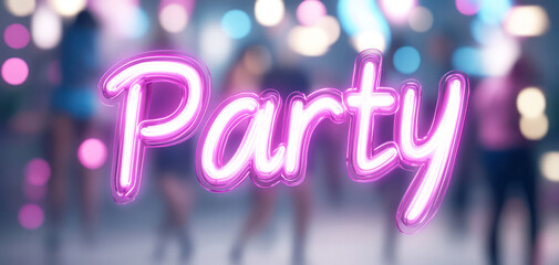 Neon sign reading Party with colorful bokeh lights in background, creating lively for celebration and fun. Perfect for event promotions