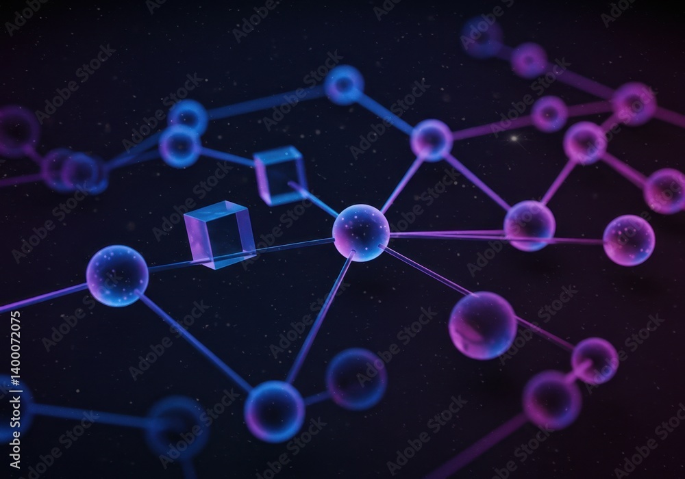 Poster abstract network visualization: interconnected nodes and cubes in a cosmic digital space