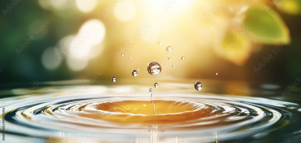 Poster beautiful scene of water droplets creating ripples in calm surface, illuminated by soft sunlight. ge