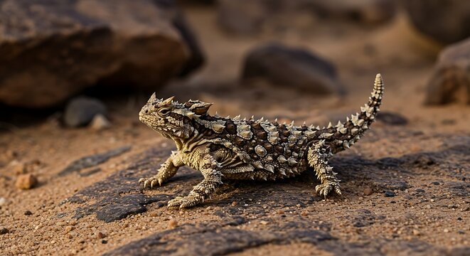 A thorny devil lizard blending into the desert rocks for camouflage.