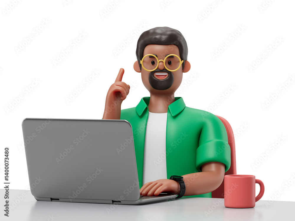 Poster a man at a desk with a laptop, pointing upwards, symbolizing an idea or solution. 3d rendering, conc