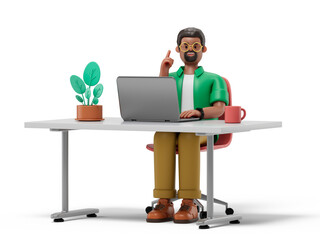 A man at a desk with a laptop, pointing upwards, symbolizing an idea or solution. 3D rendering, conceptual image. Isolated on white background.
