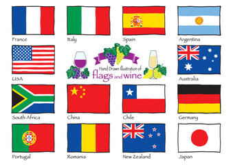 代表的なワイン産地国の国旗の手描きイラスト