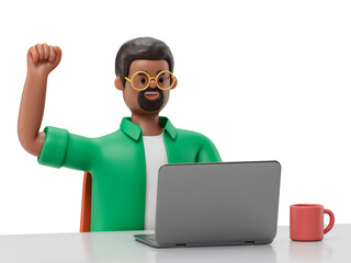 A man seated at a desk, raising his hand, symbolizing success or readiness. 3D rendering, conceptual image. Isolated on white background.