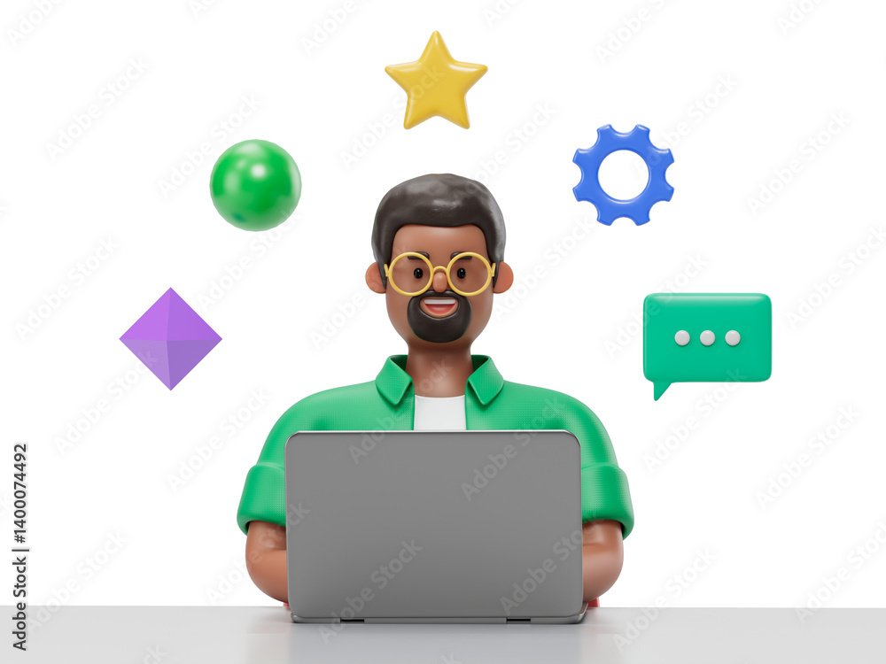 Poster a man works at a desk with a laptop, surrounded by idea icons, symbolizing creativity and productivi