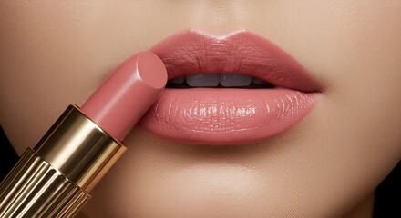 Obraz premium An extreme close-up of the lips of a Korean female model, showcasing a luxurious golden lipstick in a soft pink shade. The lips are slightly parted, highlighting the elegance and sophistication of the