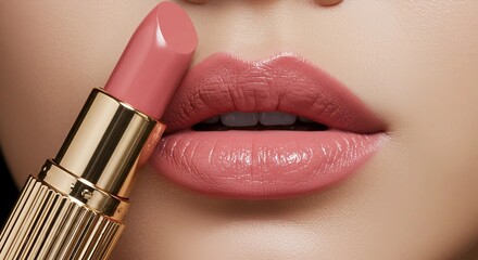 Obraz premium An extreme close-up of the lips of a Korean female model, showcasing a luxurious golden lipstick in a soft pink shade. The lips are slightly parted, highlighting the elegance and sophistication of the