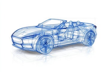 Fototapeta premium Concept drawing of modern sports car design in wireframe style showing full body with technical outline sketch and aerodynamics structure