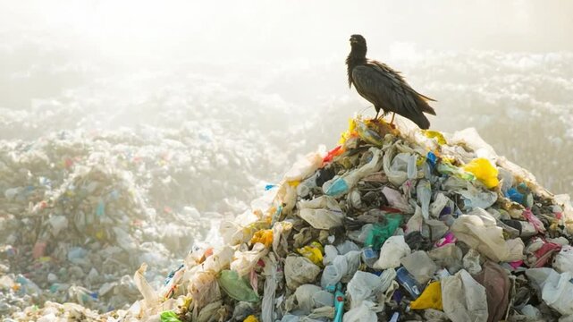 Black vulture standing on a pile of garbage in a landfill