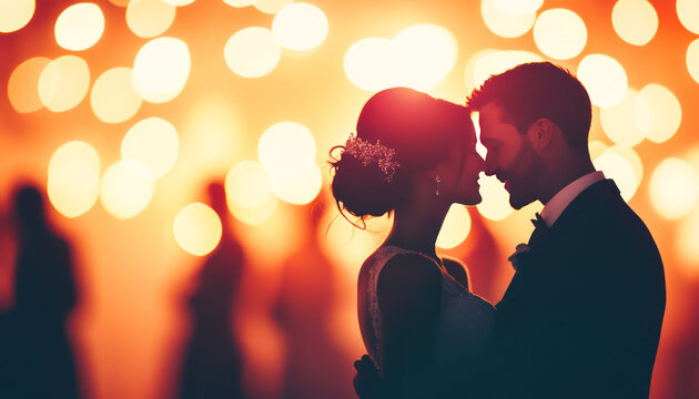 couple shares romantic moment during their first dance at wedding, surrounded by soft glowing lights that create magical