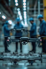 Fototapeta premium Precision Flight: Drone hovers amidst industrial backdrop, showcasing aerial technology in action.