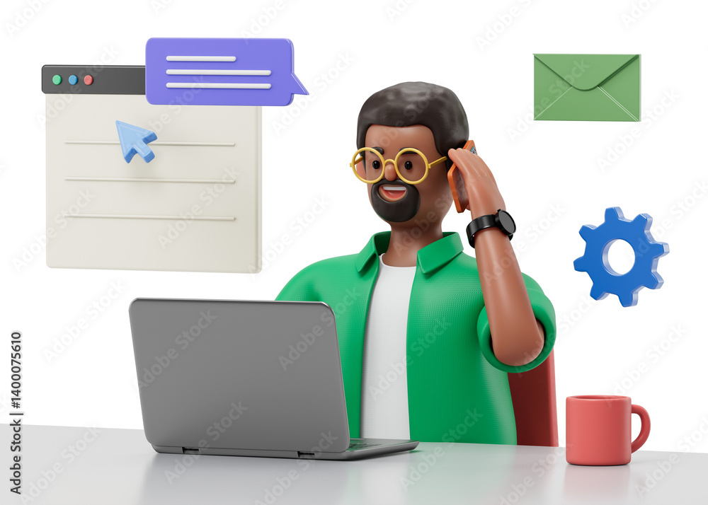 Poster a man at a desk with a laptop, speaking on the phone, symbolizing multitasking and communication. 3d