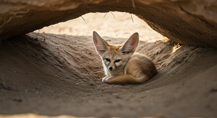 A fennec fox sleeping in a cool burrow during the hot desert day.