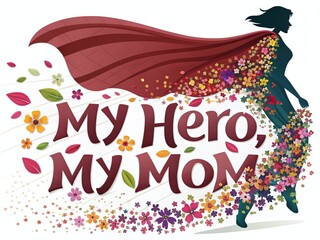 A superhero mom rises dramatically amidst a vibrant shower of colorful petals, joyfully celebrating the essence of motherhood on Mother's Day!