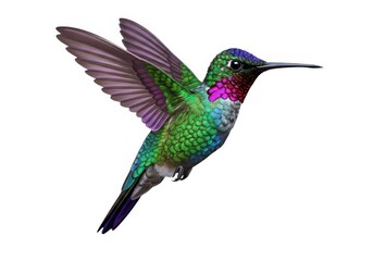 Fototapeta premium A colorful hummingbird with wings spread and a long beak on a white background illustration art