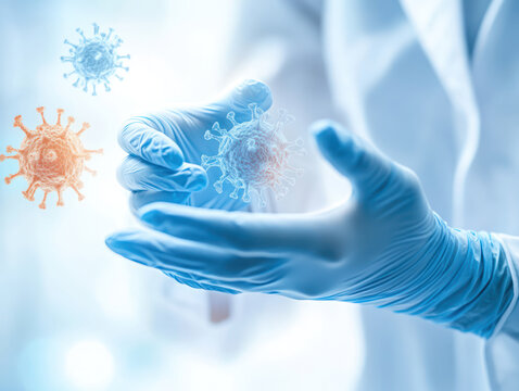 Health worker wearing gloves, holding virus model, symbolizing disease prevention and research. image conveys urgency and dedication in combating health threats