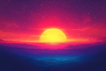 A vibrant, retro-inspired sunset over a mountainous landscape.