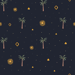 Fototapeta premium Colorful tropical pattern featuring palm trees and geometric shapes against a dark background