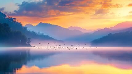 Fototapeta premium 14.A breathtaking scene at sunrise with birds silhouetted against a vibrant, multi-colored sky, flying gracefully over the serene waters of Krasiao Dam, with mist rolling off the distant mountains.