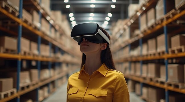 Woman using VR in a warehouse for enhanced inventory management and operational efficiency.