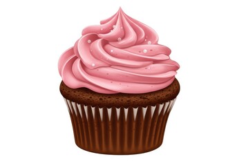 A cupcake with brown base and pink frosting swirls adorned with small white sprinkles on white background