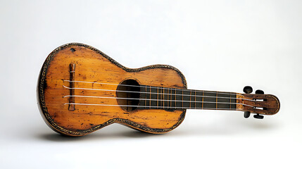 A small, old fashioned guitar with a black and brown finish