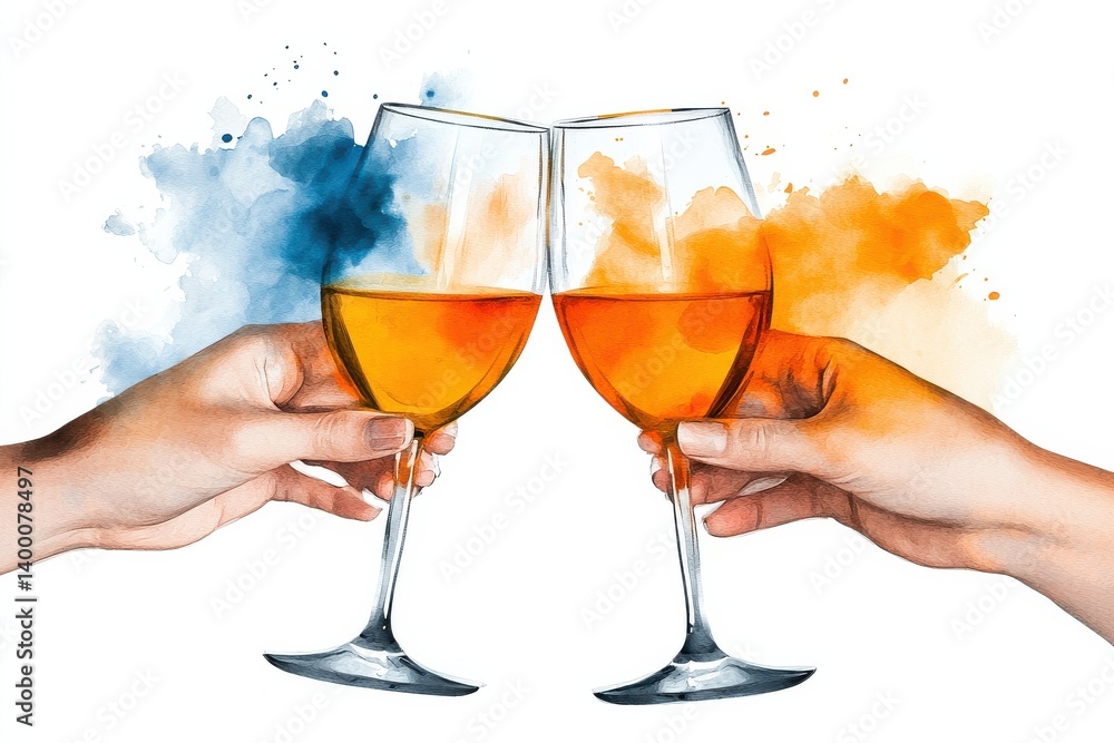 Poster celebration with clinking beer glasses splashing with foam in artistic motion on vibrant painted bac