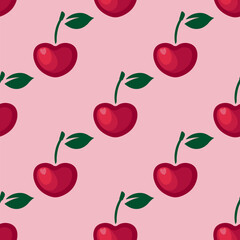 Valentines Day seamless pattern with cherry hearts on a pink background. Bright heart shaped cherries background. Cute vector pattern with cherries for a wrapping paper, textile prints, etc.