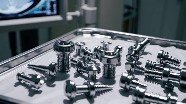Abstract x-ray image of chest on monitor near metallic surgical implants in sterile operating theatre