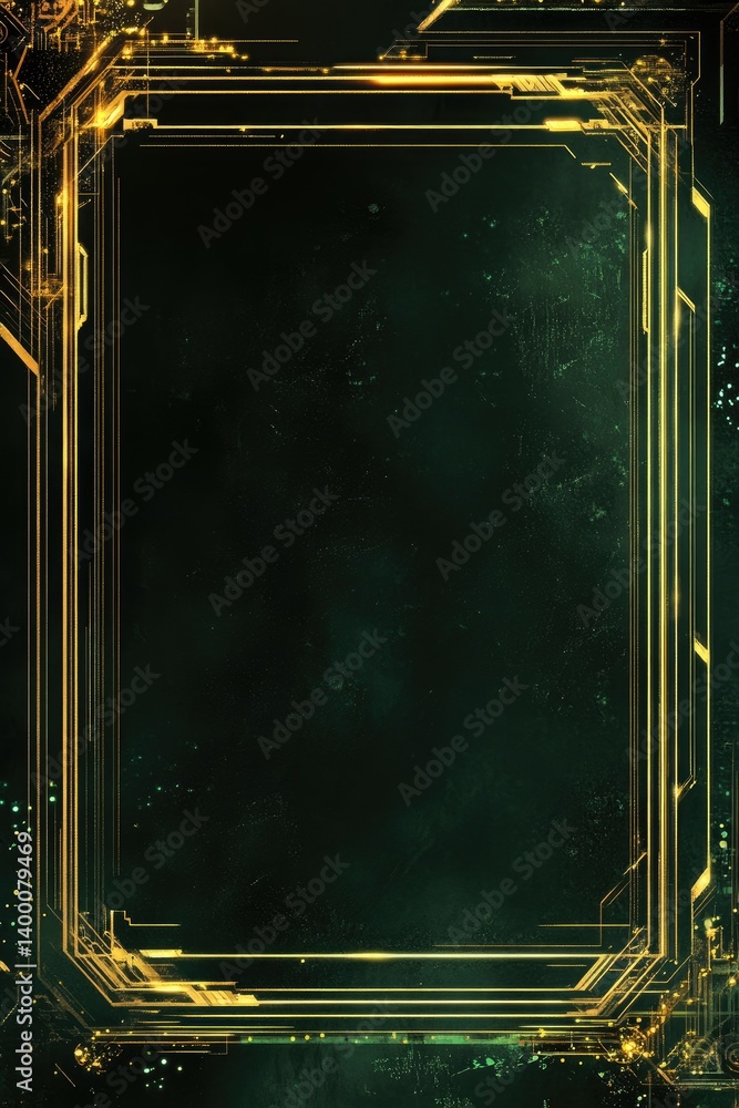 Poster abstract technology circuit frame with gold lines and dark green backdrop