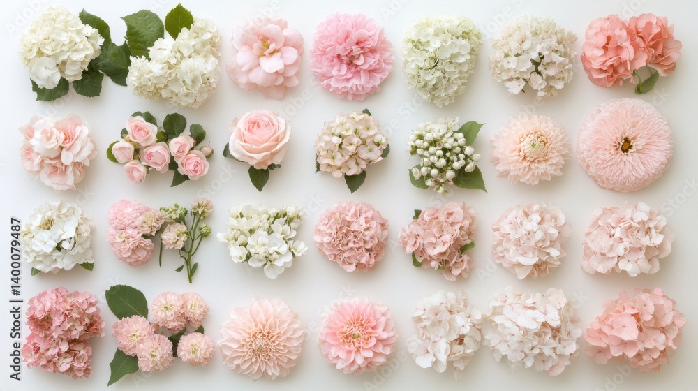Poster a vibrant display of miniature artificial flower bouquets arranged neatly in a row for a charming de