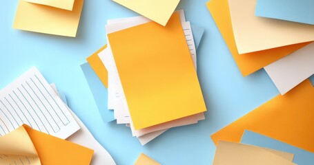financial trouble budget assistance concept. Colorful stack of paper notes scattered on a blue background.