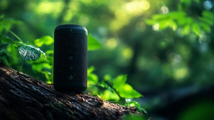 44.A detailed image of a black wireless speaker on a log, with its textured surface and buttons in sharp focus, surrounded by vibrant green foliage and the soft glow of natural light.