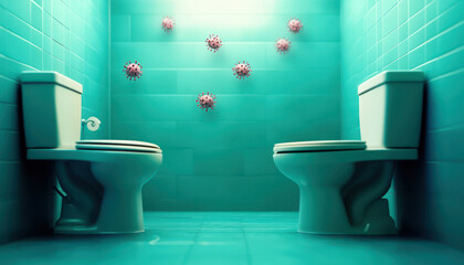 clean bathroom with two toilets and floating virus illustrations, emphasizing hygiene and health concerns. turquoise tiles create modern look