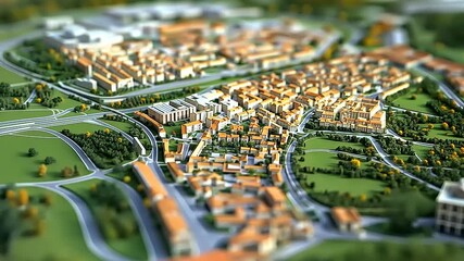 Aerial view of a miniature city model showcasing urban planning with roads, buildings, and greenery