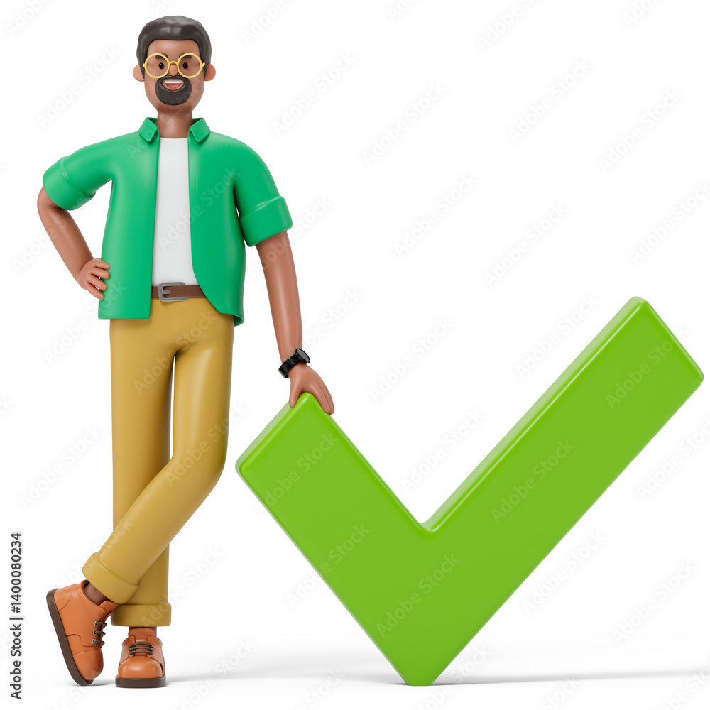 Aufkleber a man stands confidently next to a large checkmark, symbolizing success and approval. 3d rendering, 