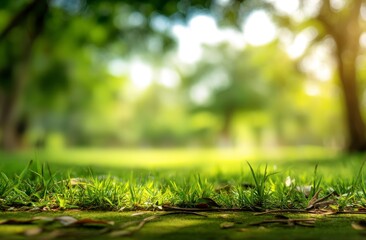 Lush Green Grass in a Peaceful Park Setting with Blurry Background