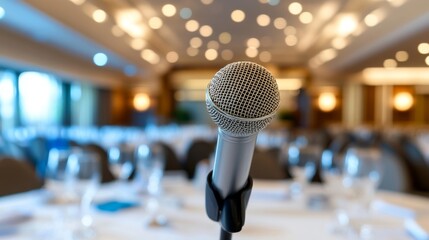 52.A detailed shot of a silver microphone on a stand, illuminated by soft spotlighting, with a blurred auditorium and scattered blue and white bokeh lights creating a professional and inviting