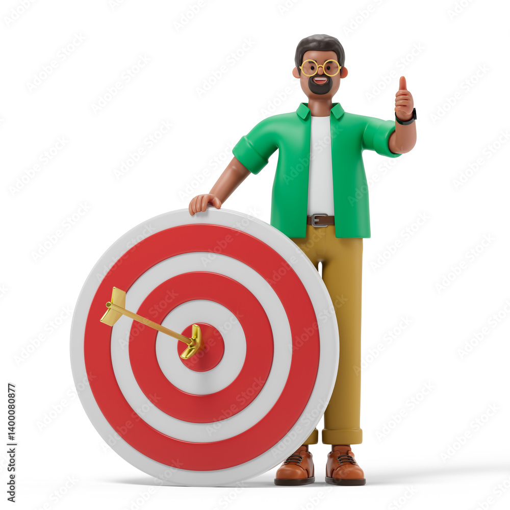 Poster a man holds a target with an arrow in the center, symbolizing achievement and precision. 3d renderin