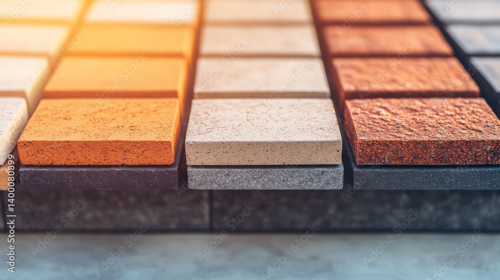 Aufkleber textured tiles in various colors and finishes arranged in row, range of materials and styles for int