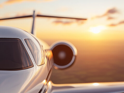 sleek cesna small airplane in foreground with sunset backdrop, highlighting engine and tail. warm colors of sky create stunning visual experience