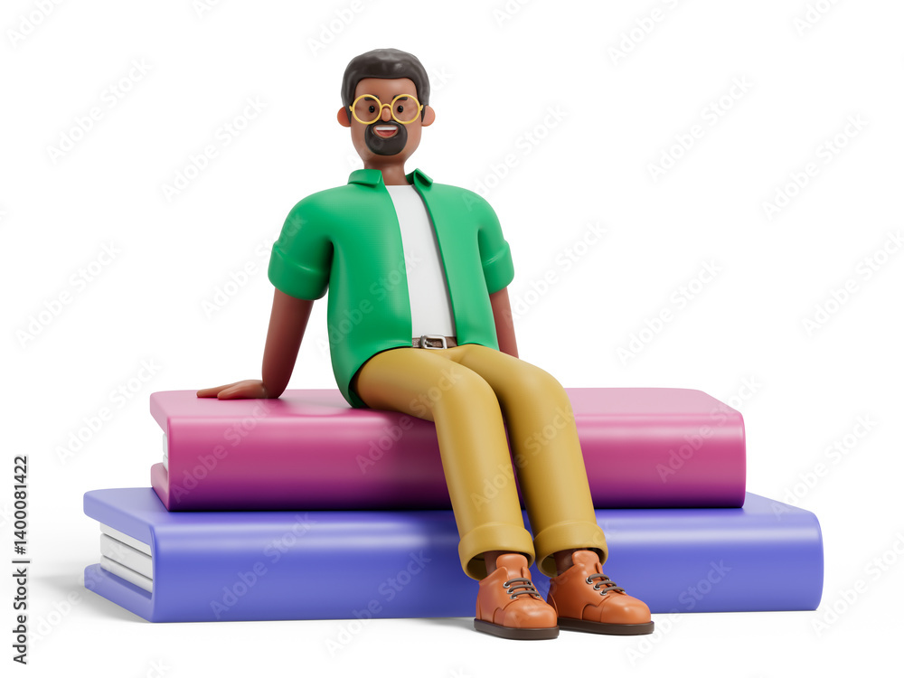 Poster a man sits atop books, symbolizing wisdom and learning. 3d rendering, conceptual image. isolated on 